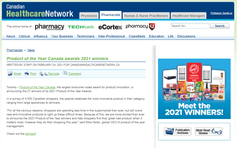 Pharmacy Practice+Business - <em><em>Product of the Year</em> Canada</em> awards 2021 winners